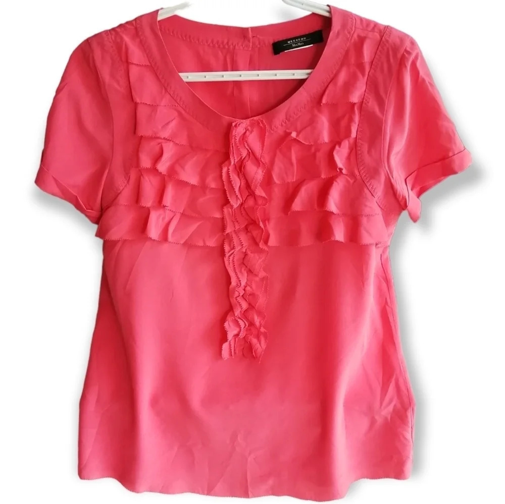 Weekend MaxMara Silk Ruffle Front Short Sleeve T-Shirt Blouse Pink Small